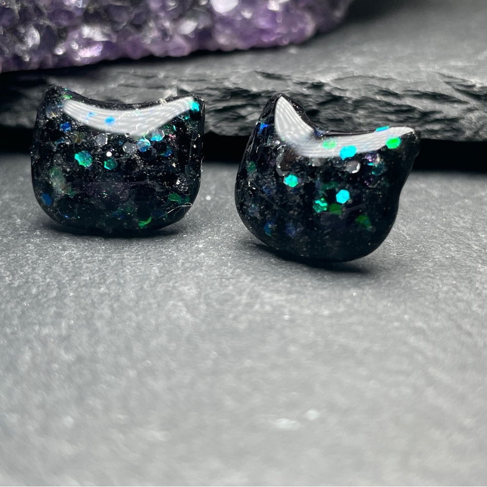 2/$18 Custom Made Black and Green Cat Stud Earrings - Picture 8 of 13